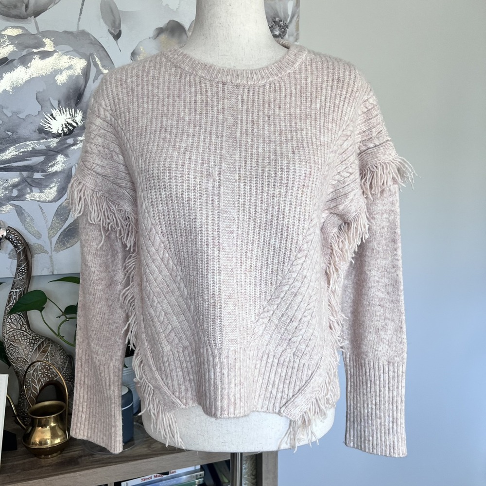 Anthropologie Sweater Pink Fringe Knit Pullover Boho Western Ribbed Cable Knit